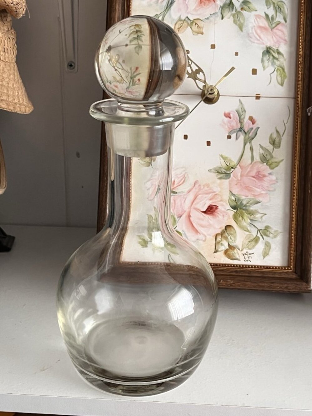 VTG  Clear Glass Decanter Modernist Solid Ball Stopper MCM Apothecary Barware